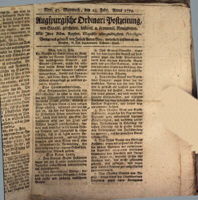 Augsburgische Ordinari Postzeitung von Staats-, gelehrten, historisch- u. ökonomischen Neuigkeiten (Augsburger Postzeitung) Mittwoch 24. Februar 1779