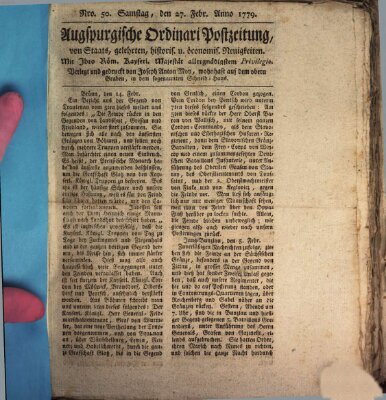 Augsburgische Ordinari Postzeitung von Staats-, gelehrten, historisch- u. ökonomischen Neuigkeiten (Augsburger Postzeitung) Samstag 27. Februar 1779