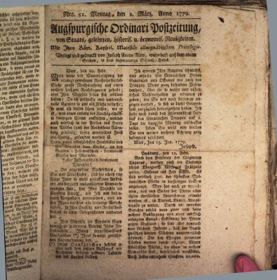 Augsburgische Ordinari Postzeitung von Staats-, gelehrten, historisch- u. ökonomischen Neuigkeiten (Augsburger Postzeitung) Montag 1. März 1779