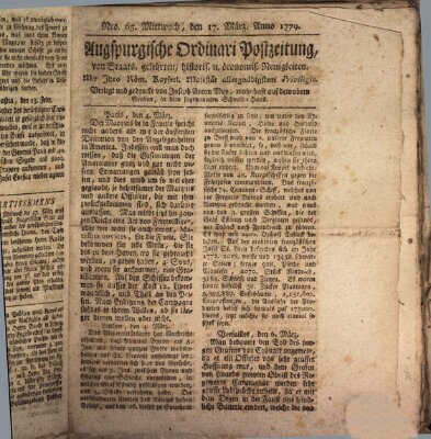 Augsburgische Ordinari Postzeitung von Staats-, gelehrten, historisch- u. ökonomischen Neuigkeiten (Augsburger Postzeitung) Mittwoch 17. März 1779