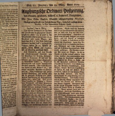 Augsburgische Ordinari Postzeitung von Staats-, gelehrten, historisch- u. ökonomischen Neuigkeiten (Augsburger Postzeitung) Freitag 19. März 1779