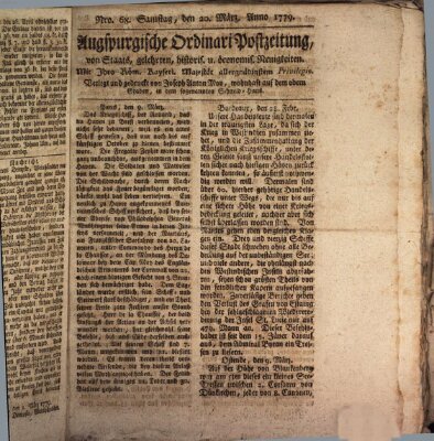 Augsburgische Ordinari Postzeitung von Staats-, gelehrten, historisch- u. ökonomischen Neuigkeiten (Augsburger Postzeitung) Samstag 20. März 1779