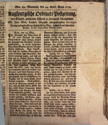 Augsburgische Ordinari Postzeitung von Staats-, gelehrten, historisch- u. ökonomischen Neuigkeiten (Augsburger Postzeitung) Mittwoch 14. April 1779