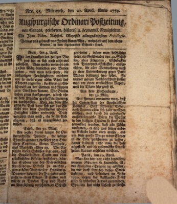 Augsburgische Ordinari Postzeitung von Staats-, gelehrten, historisch- u. ökonomischen Neuigkeiten (Augsburger Postzeitung) Mittwoch 21. April 1779