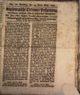 Augsburgische Ordinari Postzeitung von Staats-, gelehrten, historisch- u. ökonomischen Neuigkeiten (Augsburger Postzeitung) Samstag 24. April 1779