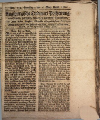 Augsburgische Ordinari Postzeitung von Staats-, gelehrten, historisch- u. ökonomischen Neuigkeiten (Augsburger Postzeitung) Samstag 1. Mai 1779