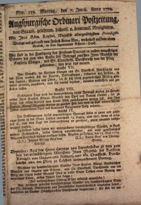 Augsburgische Ordinari Postzeitung von Staats-, gelehrten, historisch- u. ökonomischen Neuigkeiten (Augsburger Postzeitung) Montag 7. Juni 1779