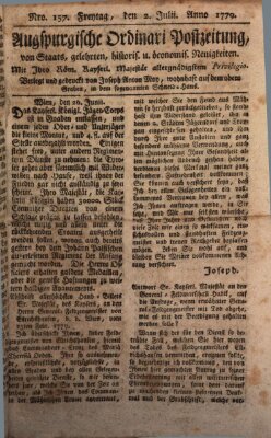 Augsburgische Ordinari Postzeitung von Staats-, gelehrten, historisch- u. ökonomischen Neuigkeiten (Augsburger Postzeitung) Freitag 2. Juli 1779