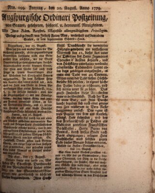 Augsburgische Ordinari Postzeitung von Staats-, gelehrten, historisch- u. ökonomischen Neuigkeiten (Augsburger Postzeitung) Freitag 20. August 1779