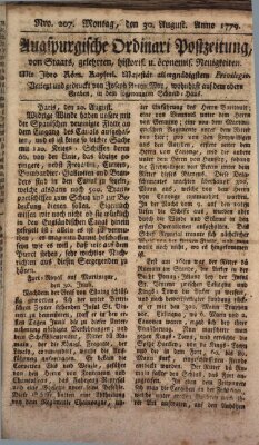 Augsburgische Ordinari Postzeitung von Staats-, gelehrten, historisch- u. ökonomischen Neuigkeiten (Augsburger Postzeitung) Montag 30. August 1779