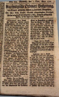 Augsburgische Ordinari Postzeitung von Staats-, gelehrten, historisch- u. ökonomischen Neuigkeiten (Augsburger Postzeitung) Mittwoch 1. September 1779