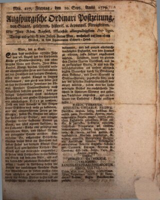 Augsburgische Ordinari Postzeitung von Staats-, gelehrten, historisch- u. ökonomischen Neuigkeiten (Augsburger Postzeitung) Freitag 10. September 1779