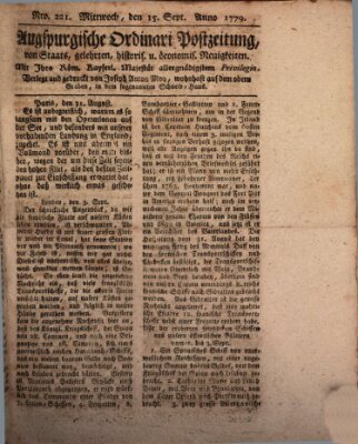 Augsburgische Ordinari Postzeitung von Staats-, gelehrten, historisch- u. ökonomischen Neuigkeiten (Augsburger Postzeitung) Mittwoch 15. September 1779