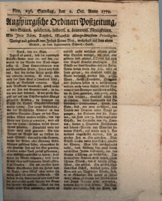 Augsburgische Ordinari Postzeitung von Staats-, gelehrten, historisch- u. ökonomischen Neuigkeiten (Augsburger Postzeitung) Samstag 2. Oktober 1779