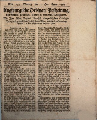 Augsburgische Ordinari Postzeitung von Staats-, gelehrten, historisch- u. ökonomischen Neuigkeiten (Augsburger Postzeitung) Montag 4. Oktober 1779