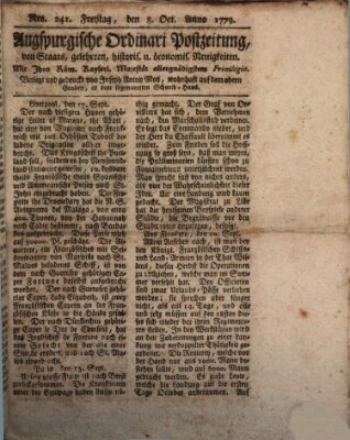 Augsburgische Ordinari Postzeitung von Staats-, gelehrten, historisch- u. ökonomischen Neuigkeiten (Augsburger Postzeitung) Freitag 8. Oktober 1779