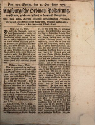 Augsburgische Ordinari Postzeitung von Staats-, gelehrten, historisch- u. ökonomischen Neuigkeiten (Augsburger Postzeitung) Montag 11. Oktober 1779