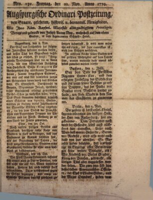 Augsburgische Ordinari Postzeitung von Staats-, gelehrten, historisch- u. ökonomischen Neuigkeiten (Augsburger Postzeitung) Freitag 12. November 1779