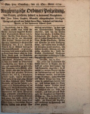 Augsburgische Ordinari Postzeitung von Staats-, gelehrten, historisch- u. ökonomischen Neuigkeiten (Augsburger Postzeitung) Samstag 18. Dezember 1779