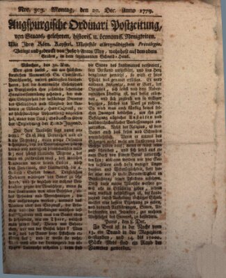 Augsburgische Ordinari Postzeitung von Staats-, gelehrten, historisch- u. ökonomischen Neuigkeiten (Augsburger Postzeitung) Montag 20. Dezember 1779