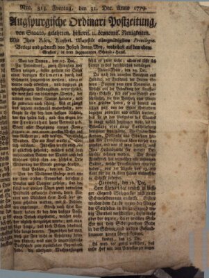 Augsburgische Ordinari Postzeitung von Staats-, gelehrten, historisch- u. ökonomischen Neuigkeiten (Augsburger Postzeitung) Freitag 31. Dezember 1779