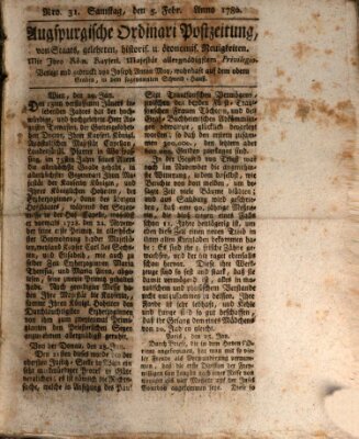 Augsburgische Ordinari Postzeitung von Staats-, gelehrten, historisch- u. ökonomischen Neuigkeiten (Augsburger Postzeitung) Samstag 5. Februar 1780