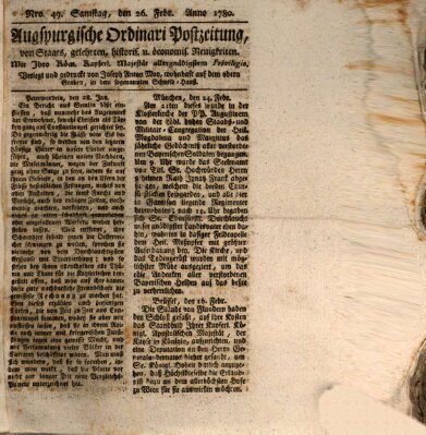 Augsburgische Ordinari Postzeitung von Staats-, gelehrten, historisch- u. ökonomischen Neuigkeiten (Augsburger Postzeitung) Samstag 26. Februar 1780