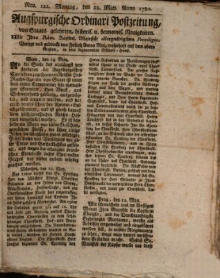 Augsburgische Ordinari Postzeitung von Staats-, gelehrten, historisch- u. ökonomischen Neuigkeiten (Augsburger Postzeitung) Montag 22. Mai 1780