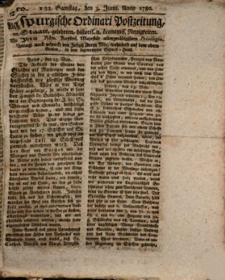 Augsburgische Ordinari Postzeitung von Staats-, gelehrten, historisch- u. ökonomischen Neuigkeiten (Augsburger Postzeitung) Samstag 3. Juni 1780