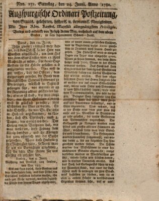 Augsburgische Ordinari Postzeitung von Staats-, gelehrten, historisch- u. ökonomischen Neuigkeiten (Augsburger Postzeitung) Samstag 24. Juni 1780