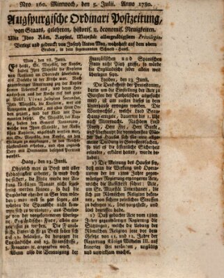 Augsburgische Ordinari Postzeitung von Staats-, gelehrten, historisch- u. ökonomischen Neuigkeiten (Augsburger Postzeitung) Mittwoch 5. Juli 1780