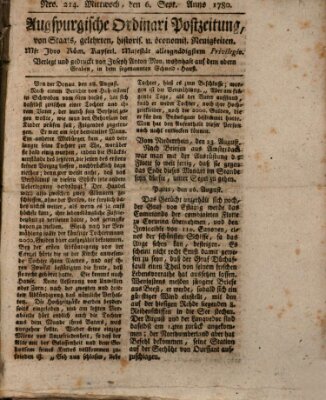 Augsburgische Ordinari Postzeitung von Staats-, gelehrten, historisch- u. ökonomischen Neuigkeiten (Augsburger Postzeitung) Mittwoch 6. September 1780