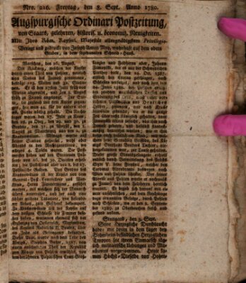 Augsburgische Ordinari Postzeitung von Staats-, gelehrten, historisch- u. ökonomischen Neuigkeiten (Augsburger Postzeitung) Freitag 8. September 1780