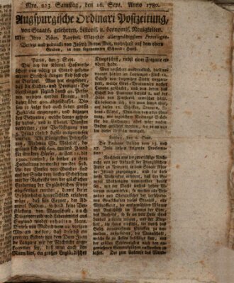 Augsburgische Ordinari Postzeitung von Staats-, gelehrten, historisch- u. ökonomischen Neuigkeiten (Augsburger Postzeitung) Samstag 16. September 1780