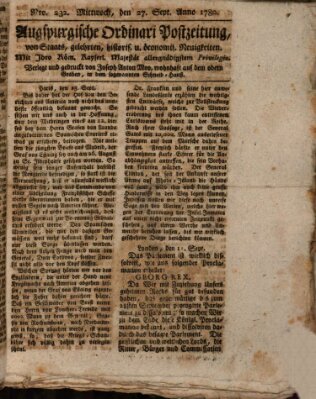 Augsburgische Ordinari Postzeitung von Staats-, gelehrten, historisch- u. ökonomischen Neuigkeiten (Augsburger Postzeitung) Mittwoch 27. September 1780