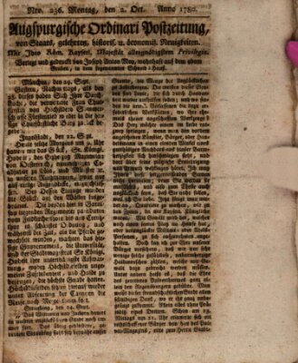 Augsburgische Ordinari Postzeitung von Staats-, gelehrten, historisch- u. ökonomischen Neuigkeiten (Augsburger Postzeitung) Montag 2. Oktober 1780