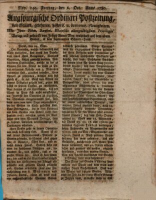 Augsburgische Ordinari Postzeitung von Staats-, gelehrten, historisch- u. ökonomischen Neuigkeiten (Augsburger Postzeitung) Freitag 6. Oktober 1780