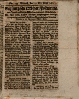 Augsburgische Ordinari Postzeitung von Staats-, gelehrten, historisch- u. ökonomischen Neuigkeiten (Augsburger Postzeitung) Mittwoch 11. Oktober 1780