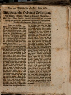 Augsburgische Ordinari Postzeitung von Staats-, gelehrten, historisch- u. ökonomischen Neuigkeiten (Augsburger Postzeitung) Montag 16. Oktober 1780