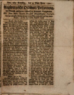 Augsburgische Ordinari Postzeitung von Staats-, gelehrten, historisch- u. ökonomischen Neuigkeiten (Augsburger Postzeitung) Samstag 4. November 1780