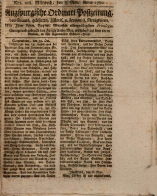 Augsburgische Ordinari Postzeitung von Staats-, gelehrten, historisch- u. ökonomischen Neuigkeiten (Augsburger Postzeitung) Mittwoch 8. November 1780