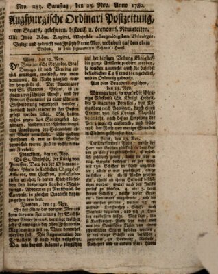 Augsburgische Ordinari Postzeitung von Staats-, gelehrten, historisch- u. ökonomischen Neuigkeiten (Augsburger Postzeitung) Samstag 25. November 1780