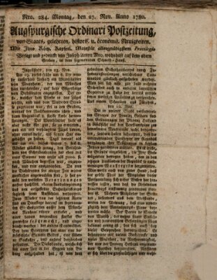 Augsburgische Ordinari Postzeitung von Staats-, gelehrten, historisch- u. ökonomischen Neuigkeiten (Augsburger Postzeitung) Montag 27. November 1780