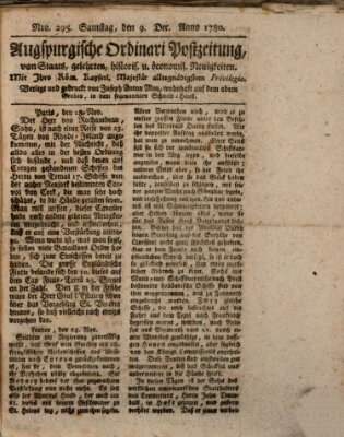 Augsburgische Ordinari Postzeitung von Staats-, gelehrten, historisch- u. ökonomischen Neuigkeiten (Augsburger Postzeitung) Samstag 9. Dezember 1780