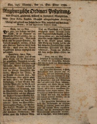 Augsburgische Ordinari Postzeitung von Staats-, gelehrten, historisch- u. ökonomischen Neuigkeiten (Augsburger Postzeitung) Montag 11. Dezember 1780