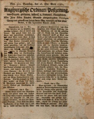 Augsburgische Ordinari Postzeitung von Staats-, gelehrten, historisch- u. ökonomischen Neuigkeiten (Augsburger Postzeitung) Samstag 16. Dezember 1780