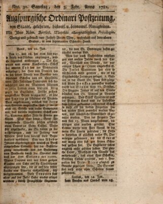 Augsburgische Ordinari Postzeitung von Staats-, gelehrten, historisch- u. ökonomischen Neuigkeiten (Augsburger Postzeitung) Samstag 3. Februar 1781