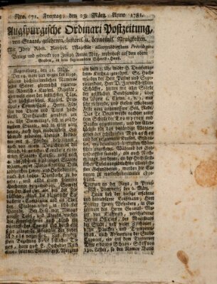 Augsburgische Ordinari Postzeitung von Staats-, gelehrten, historisch- u. ökonomischen Neuigkeiten (Augsburger Postzeitung) Freitag 23. März 1781