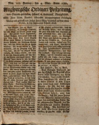 Augsburgische Ordinari Postzeitung von Staats-, gelehrten, historisch- u. ökonomischen Neuigkeiten (Augsburger Postzeitung) Freitag 4. Mai 1781