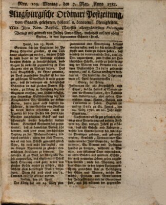 Augsburgische Ordinari Postzeitung von Staats-, gelehrten, historisch- u. ökonomischen Neuigkeiten (Augsburger Postzeitung) Montag 7. Mai 1781